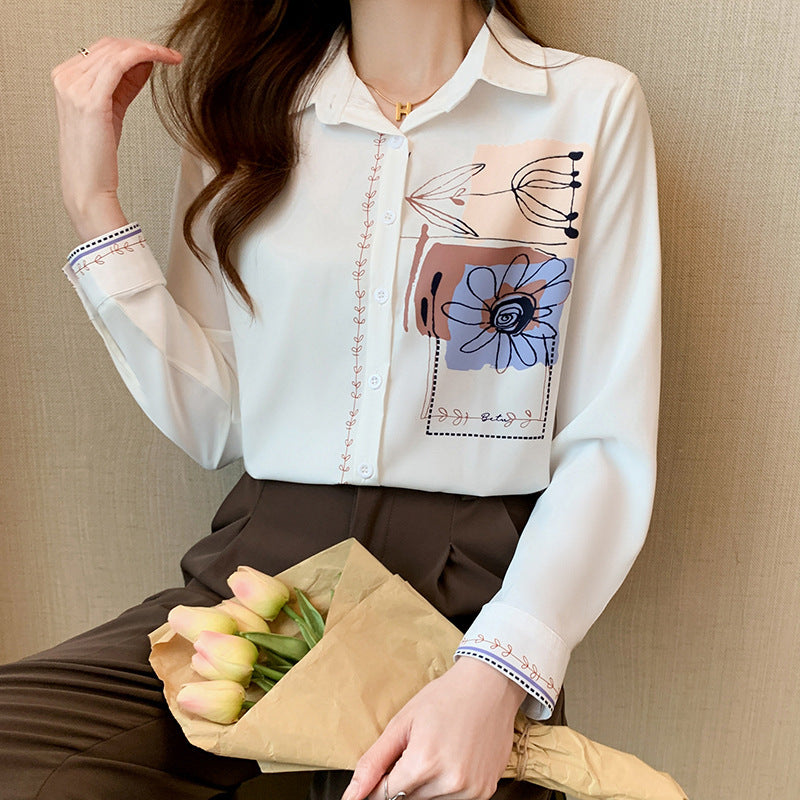 Western Style White Chiffon Long Sleeve Printed Shirt for Women
