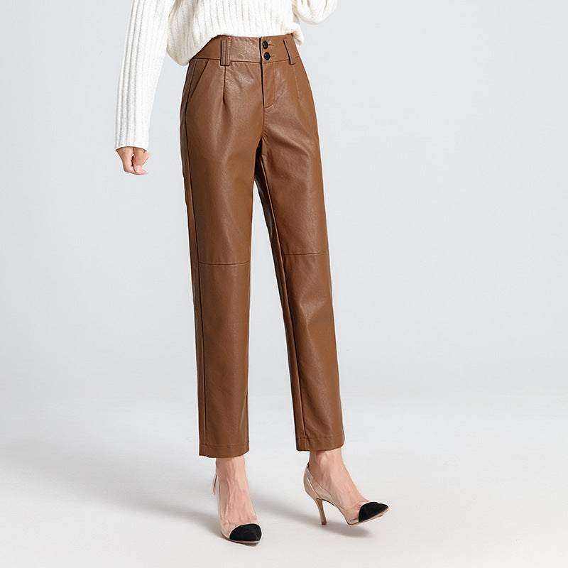 High Waist Small Straight Sheepskin Trousers with Small Feet