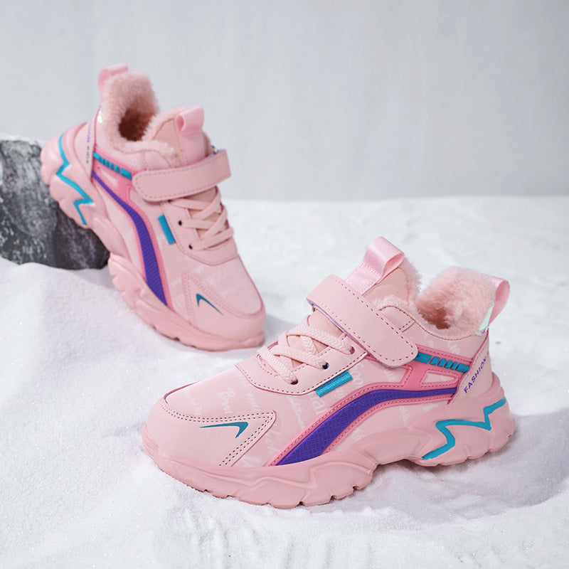 Baskets décontractées en cuir imperméable pour filles – Rose et noir, Tailles 27-40