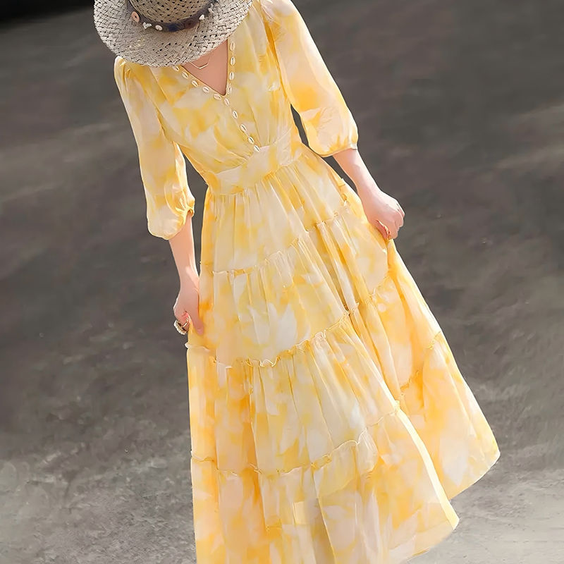 Yellow Youthful Temperament Chiffon A-Line Skirt