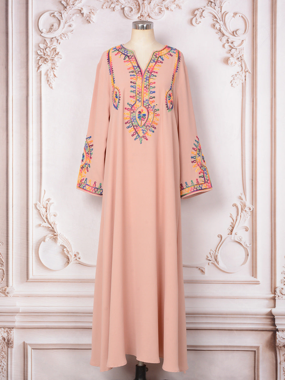 Pink Embroidered Middle Eastern Long Sleeve Dress for Women S-XXL Polyester