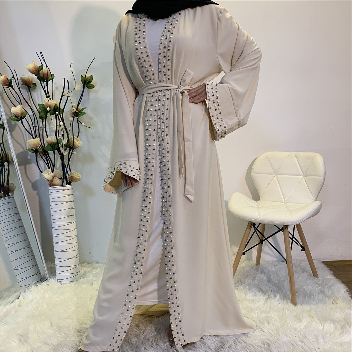 Beaded Lace-Up Cardigan Robe for Middle Eastern Women in Ice Silk