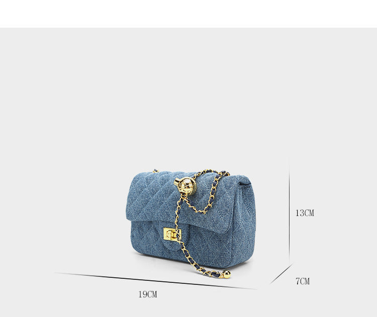 Blue Denim Small Square Chain Bag with Golden Ball Chain