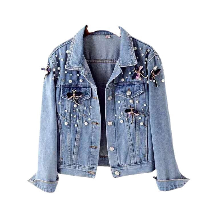 Veste en jean femme coupe slim style coréen, longueur courte, bleue