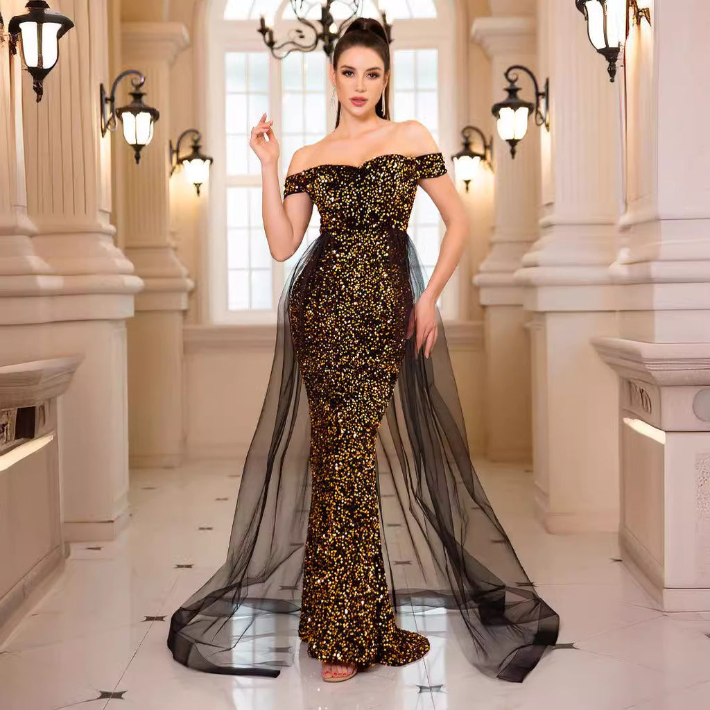 Heavy Industry Fishtail Long Off-Shoulder Banquet Dress