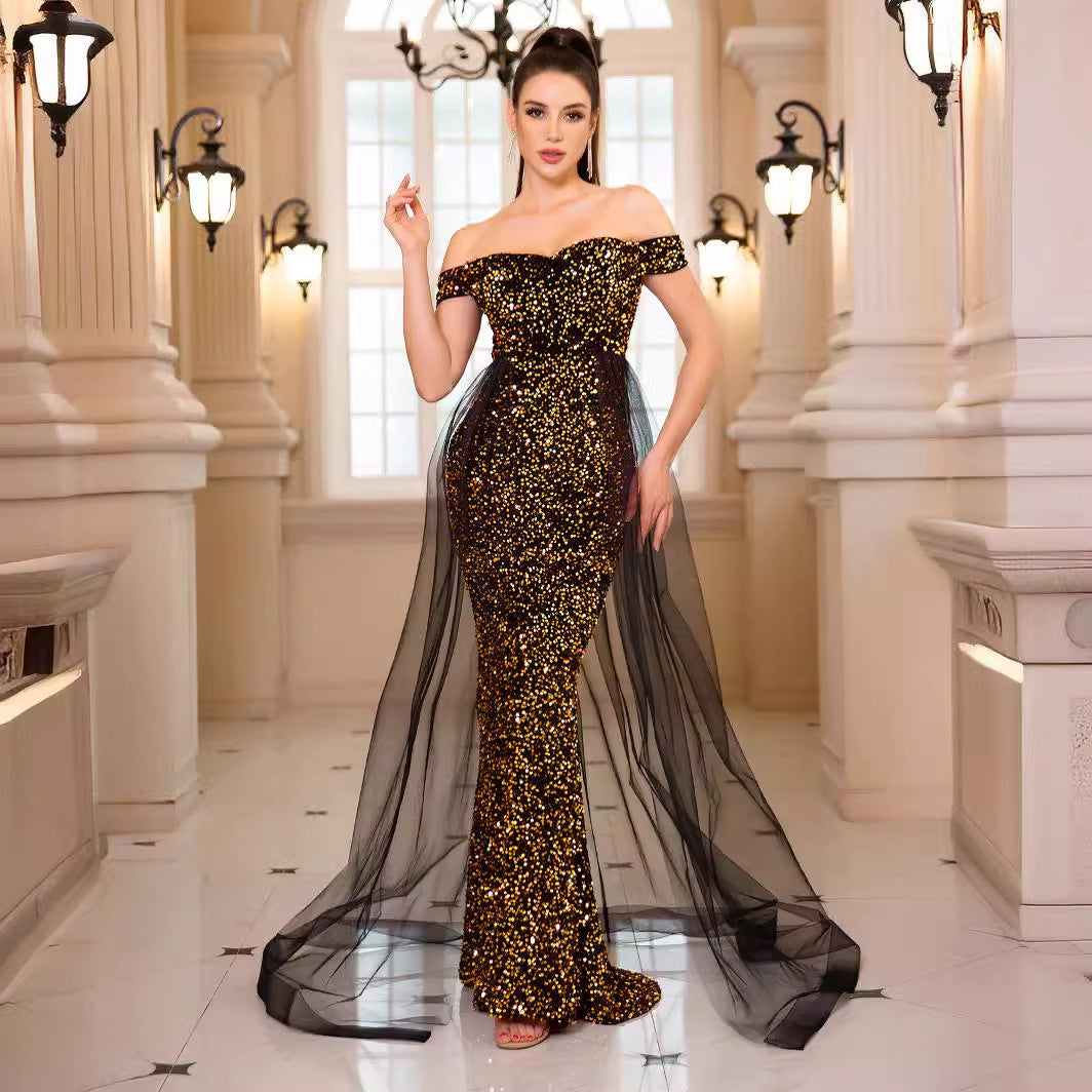 Heavy Industry Fishtail Long Off-Shoulder Banquet Dress