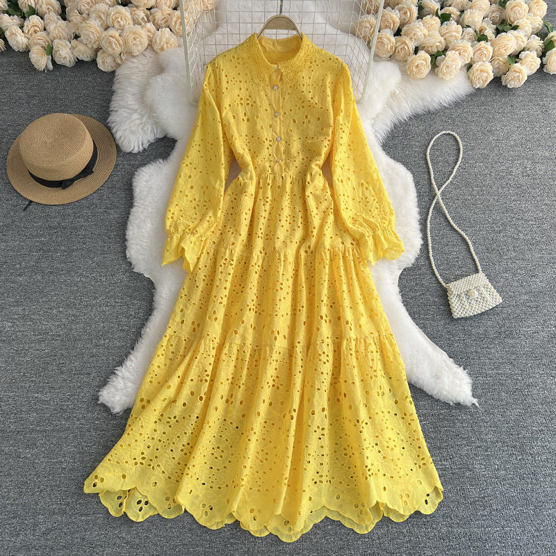 Women's High Waist Cut-Out Lace Dress in White, Khaki, Pink & Yellow