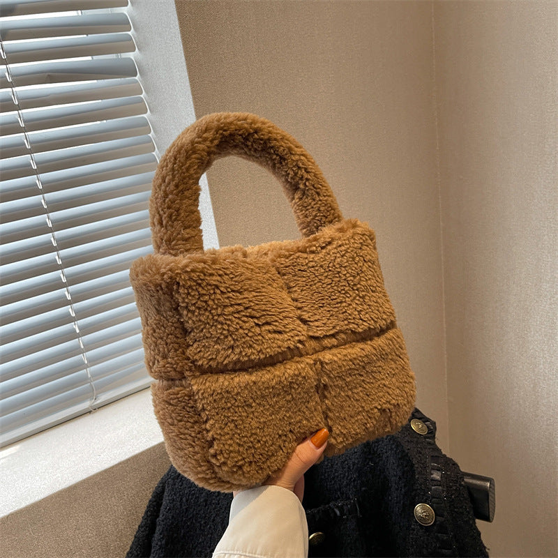 Sac fourre-tout portable en peluche grande capacité pour femme 22,5x20x10cm
