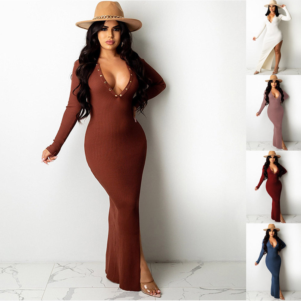 Backless Lapel Dress with Long Sleeves and Slit Midi Skirt