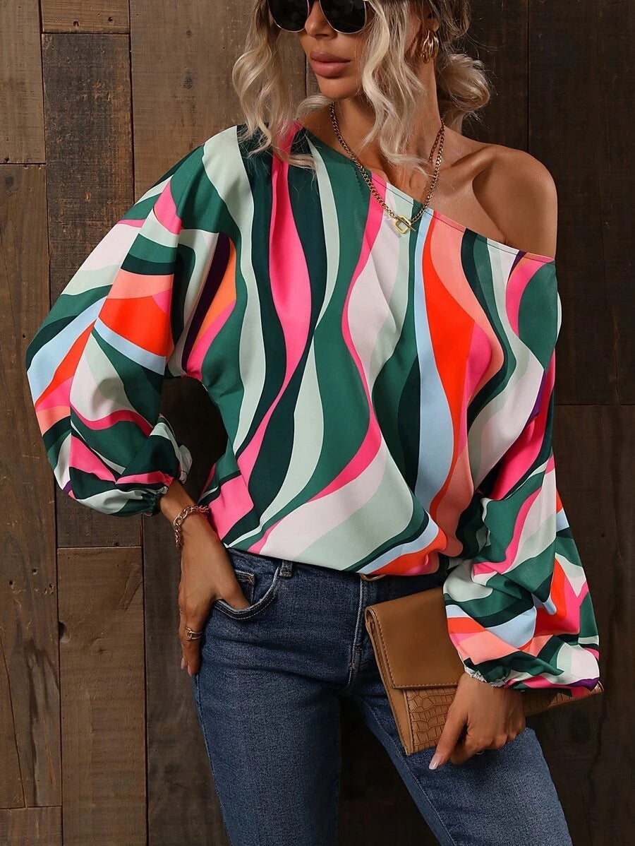 Summer Painted Off-shoulder Bishop Sleeves Top