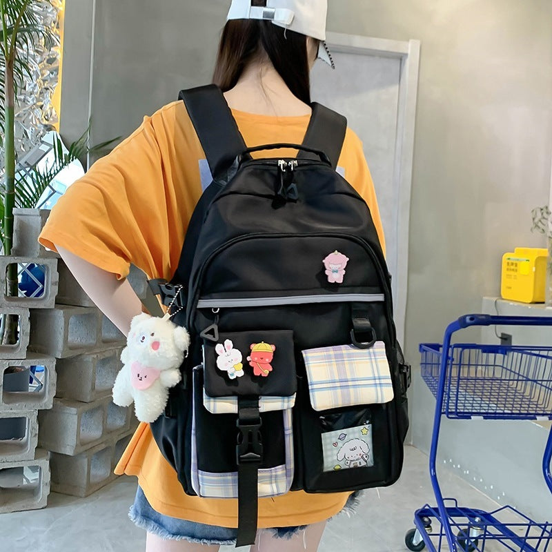 Harajuku Preppy Nylon Backpack Two-Piece Set with Stripes, 33x44x14cm