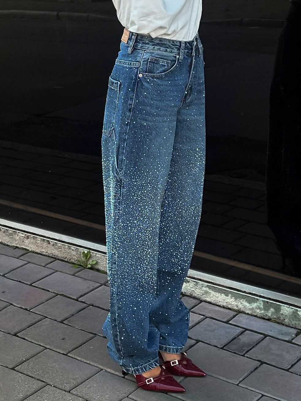 Starry Sky Rhinestone High Waist Blue Denim Straight Pants
