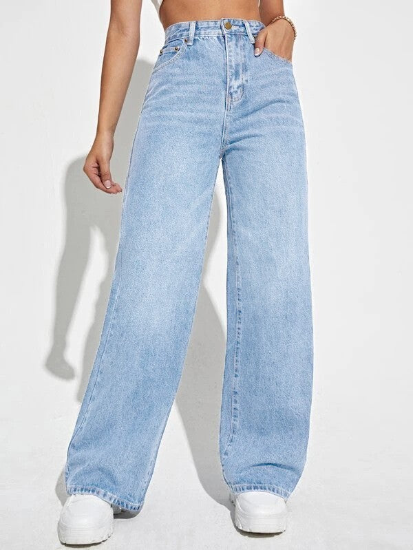 Ladies Light Blue High Waist Slim Straight Jeans