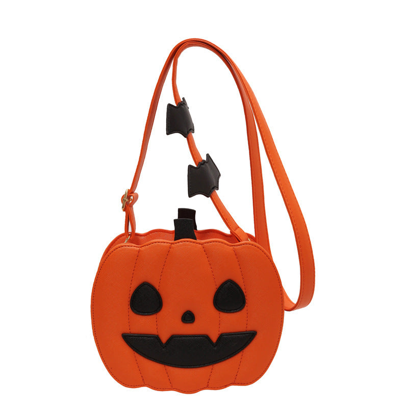 Funny Pumpkin Cartoon PU Shoulder Crossbody Bag with Bat Design for Women