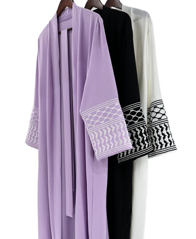 Machine Embroidery Pocket Cardigan Lace-up Robe for Middle Eastern Women