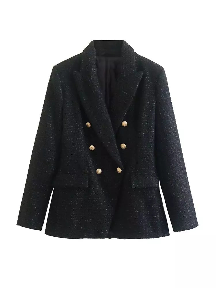 Urban Casual Women Double Breasted Textured Cotton Blazer in White & Black
