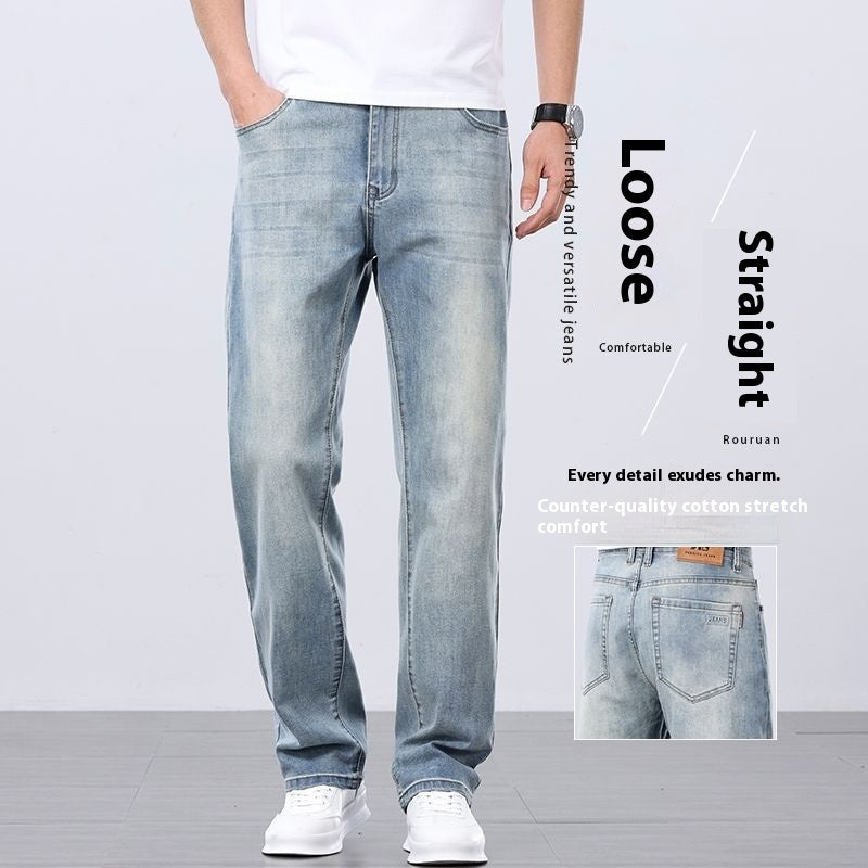 Jean Homme Coupe Droite Ample Taille Haute Coton Fin pour l'été