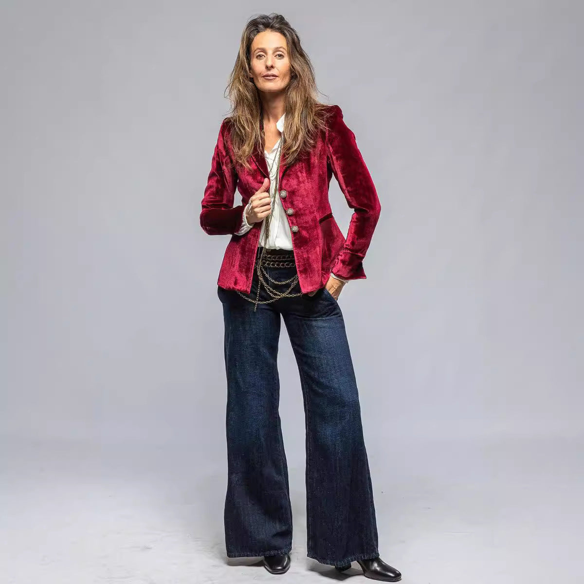 Costume élégant en velours doré pour femme, veste rétro à manches longues avec poches