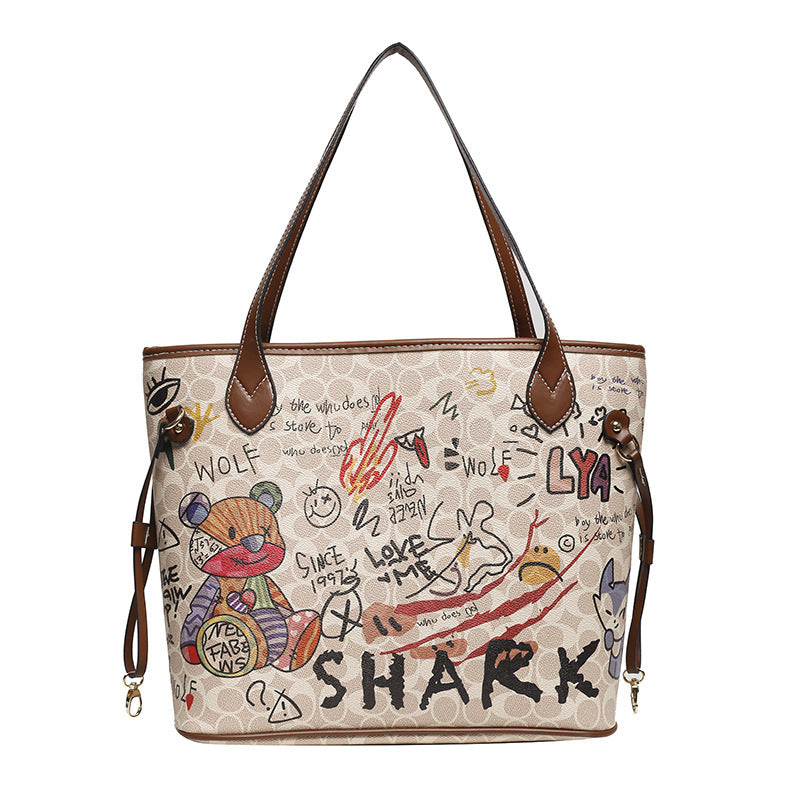 Printed Bear Graffiti Handbag Large Capacity Versatile