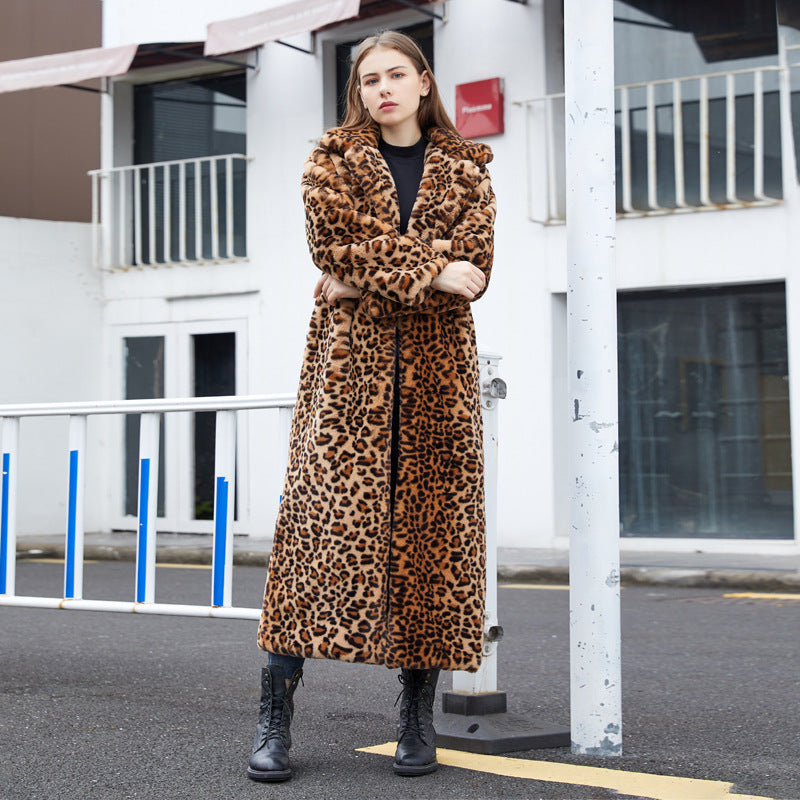 Faux Fur Leopard Print Rabbit Fur Long Suit Collar Coat