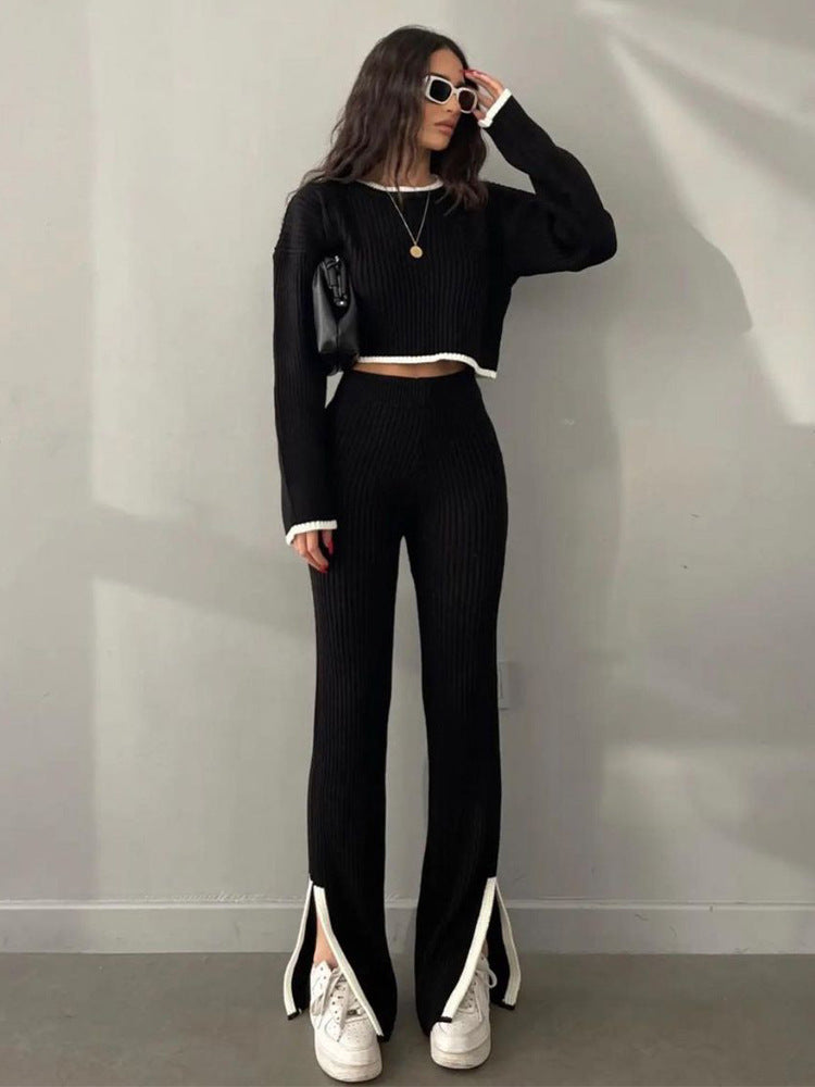 Lazy Color Contrast Women's Knitted Sweater Suit