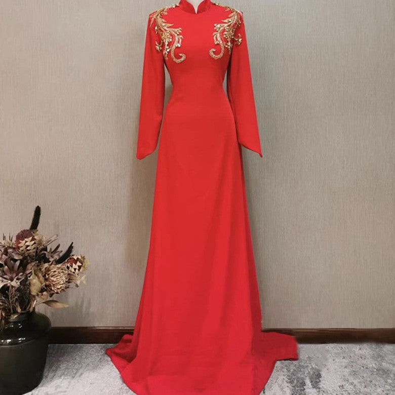 Robe de soirée de banquet pour femme, manches longues, rouge