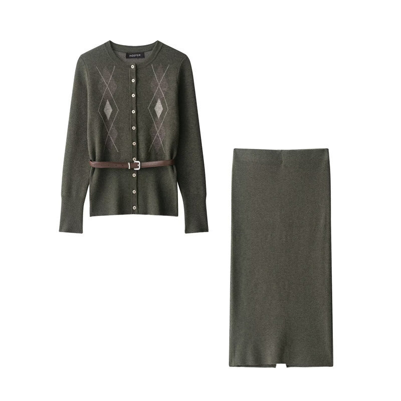 Diamond Pattern Knitted Midi Skirt Suit with Belt