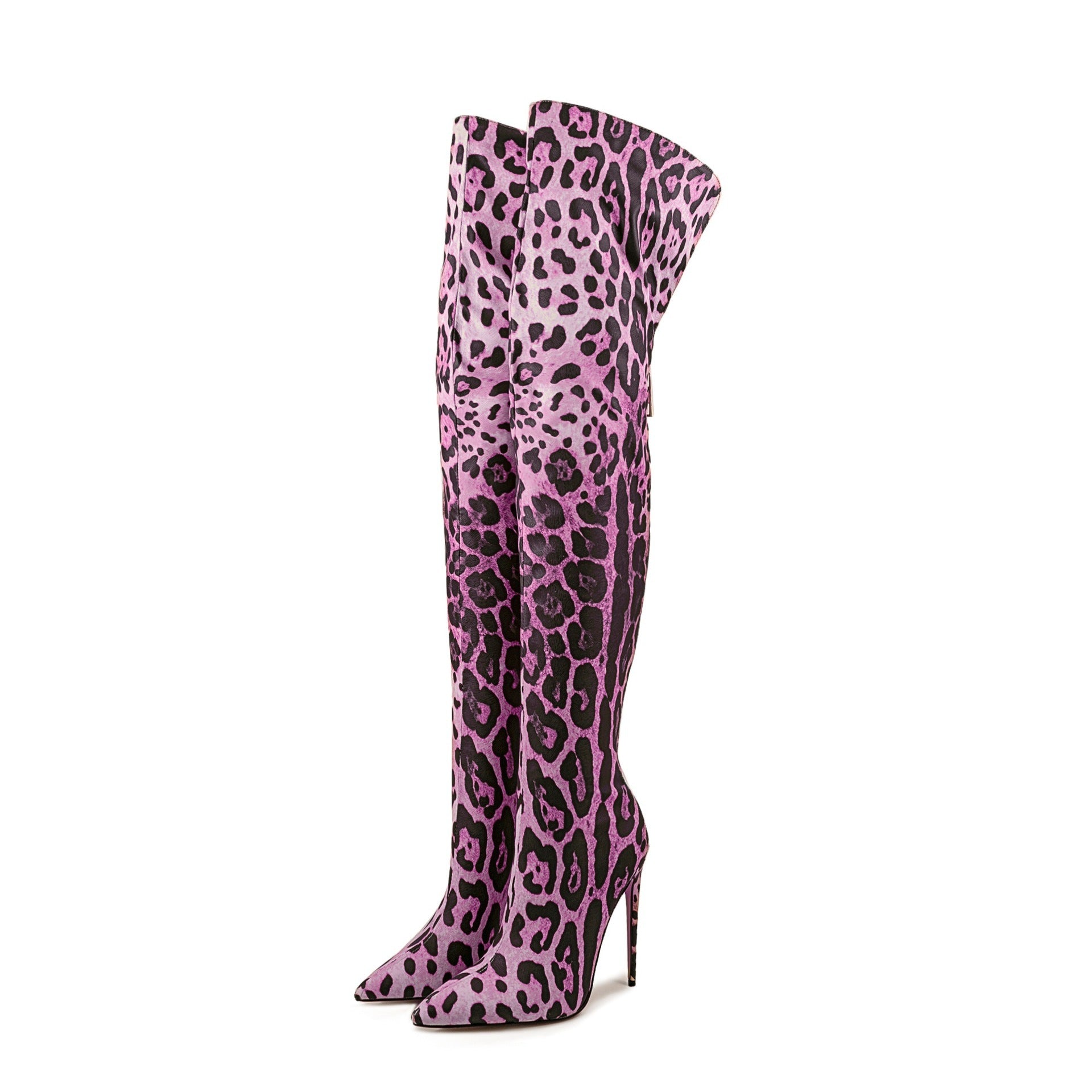 Bottes cuissardes stretch imprimé léopard à talons aiguilles et bouts pointus pour discothèque et pole dance