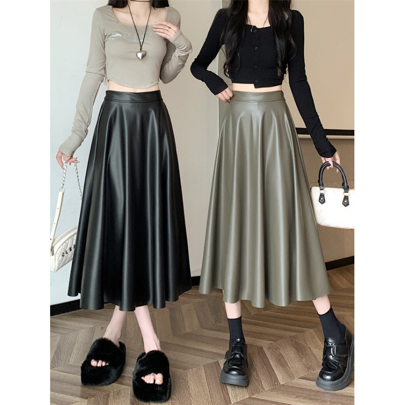 Mid-Length PU Leather Simple A-Line Umbrella Skirt in Army Green & Khaki