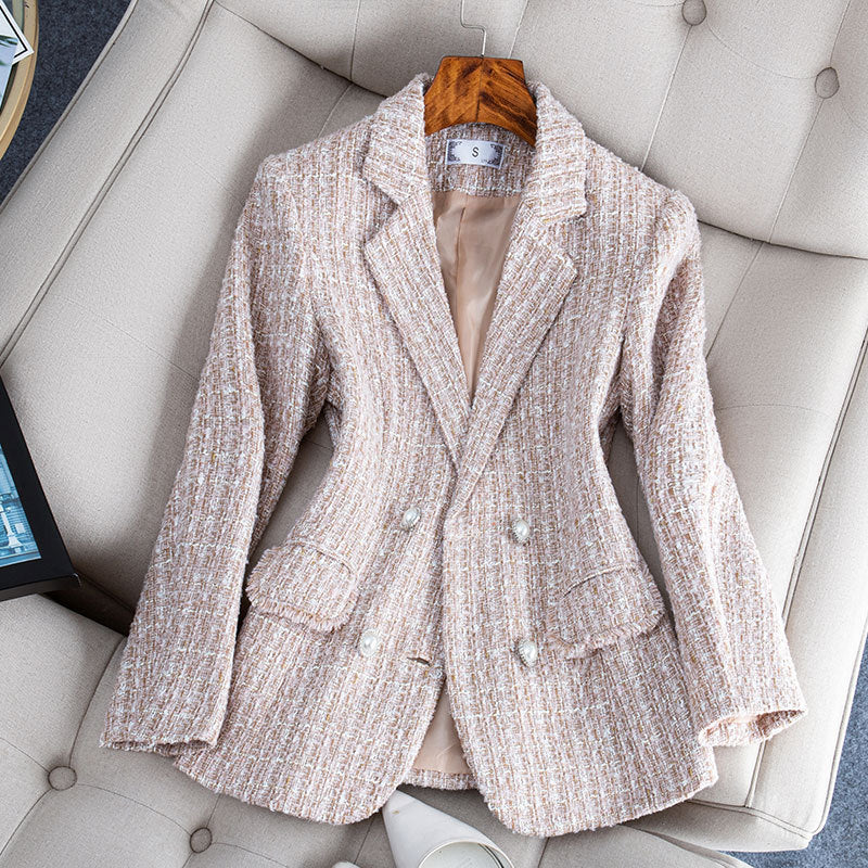 Manteau en Laine Tweed à Carreaux avec Poches - Coupe Cintrée, Bleu, Noir & Rose Abricot, Tailles S-3XL