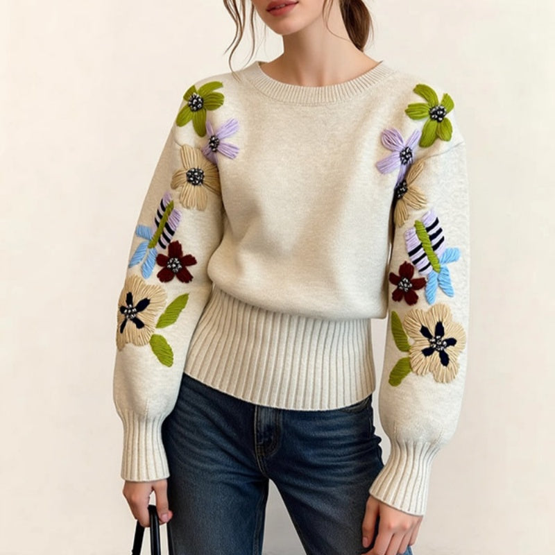 Vintage Loose Knit Sweater with Floral Embroidery - Off-White, Long Sleeve, Women’s S-XL