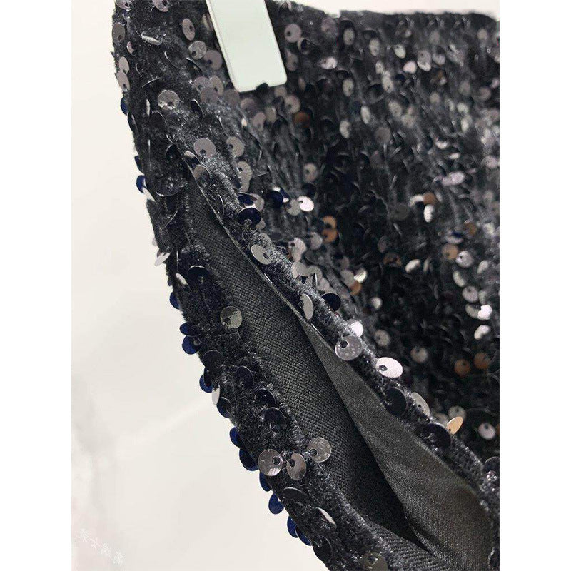 Short Hot Noir à Sequins Taille Haute Jambe Large en Polyester