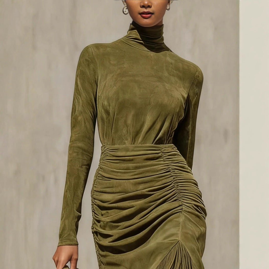 Robe à franges vert olive élégante pour femmes européennes et américaines