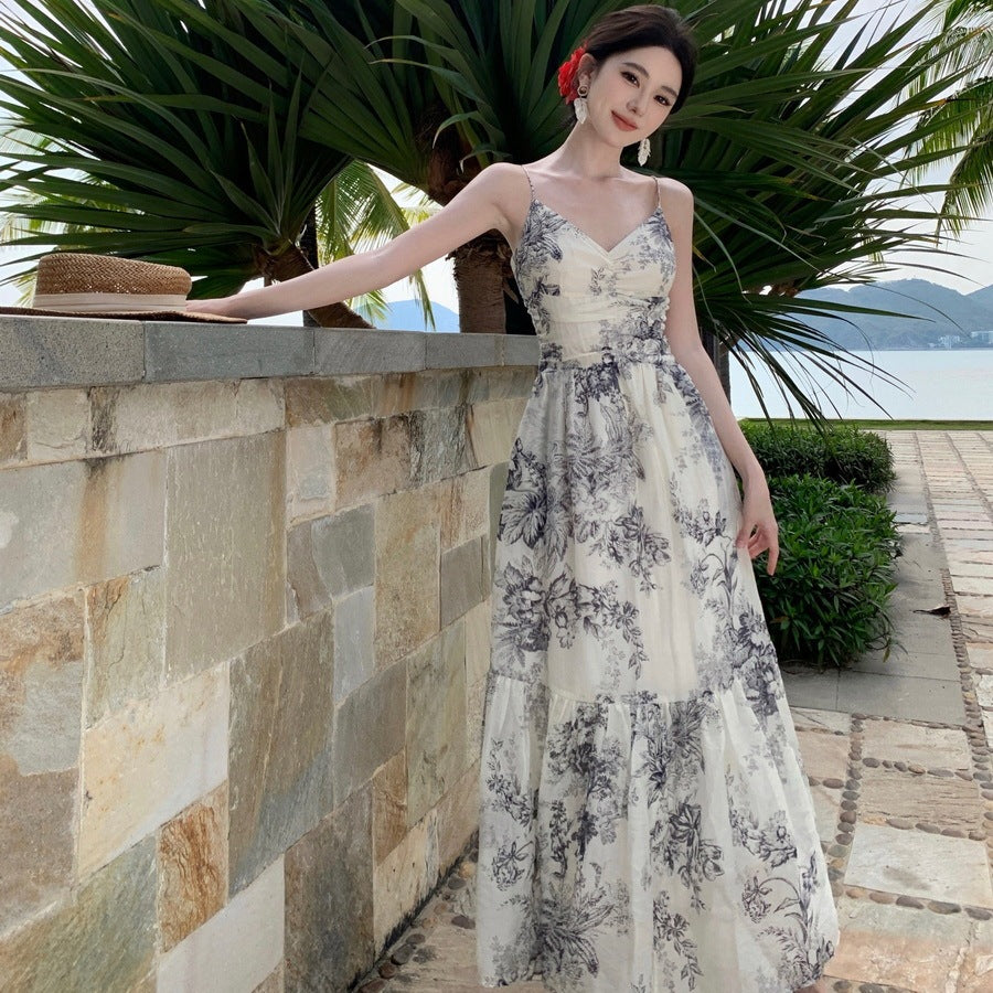 Artistic Retro Design Ink Painting Cinched Slimming Long Dress Sleeveless PVC S-XL