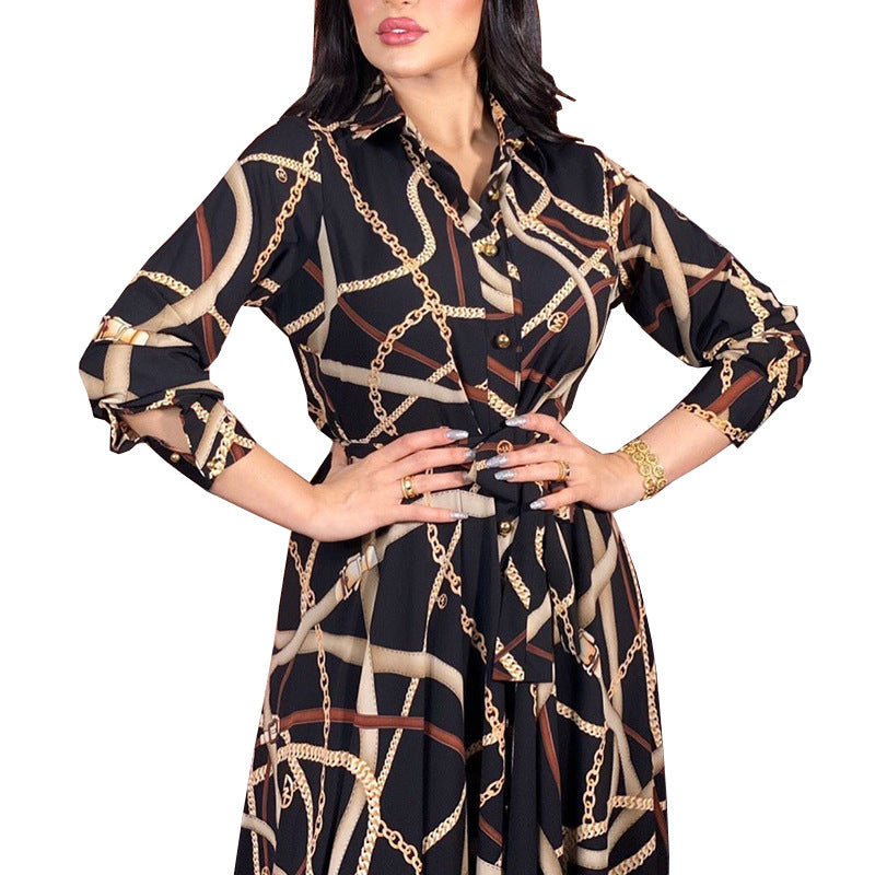 فستان نسائي مطبوع بفتحة رقبة على شكل حرف V مع حزام