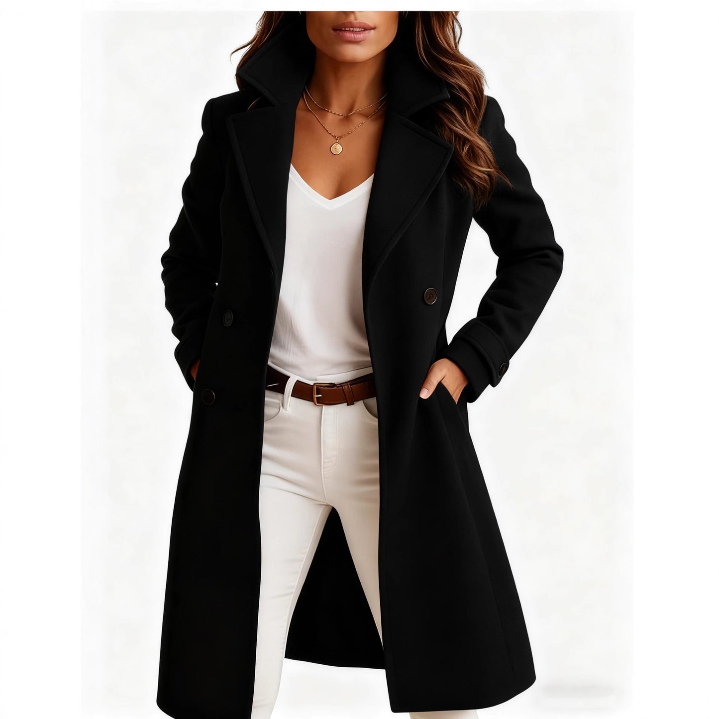 Women's Single-Breasted Mid-Length Woolen Coat with Pockets and Lapel – Casual Long Sleeve Outwear