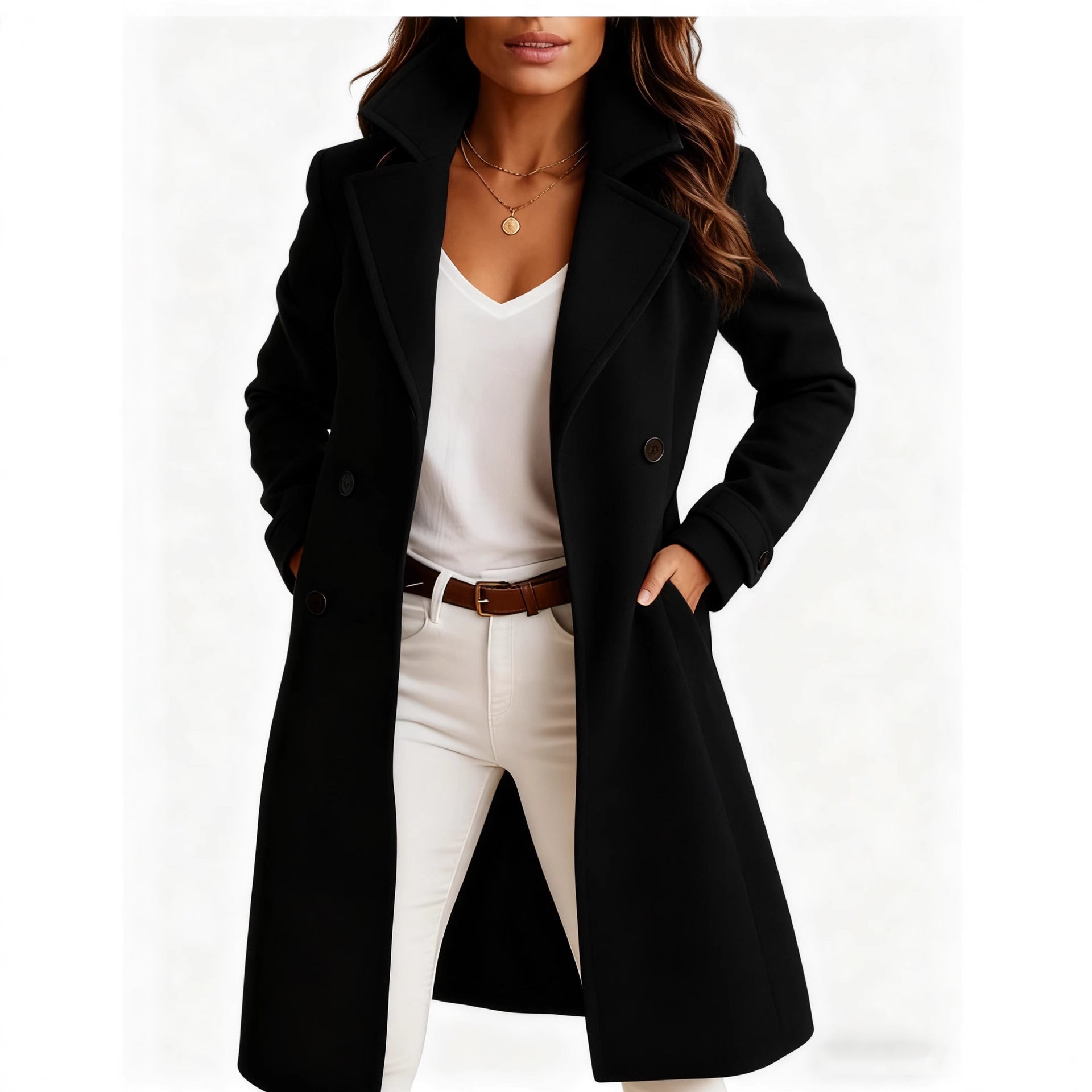 Women's Single-Breasted Mid-Length Woolen Coat with Pockets and Lapel – Casual Long Sleeve Outwear