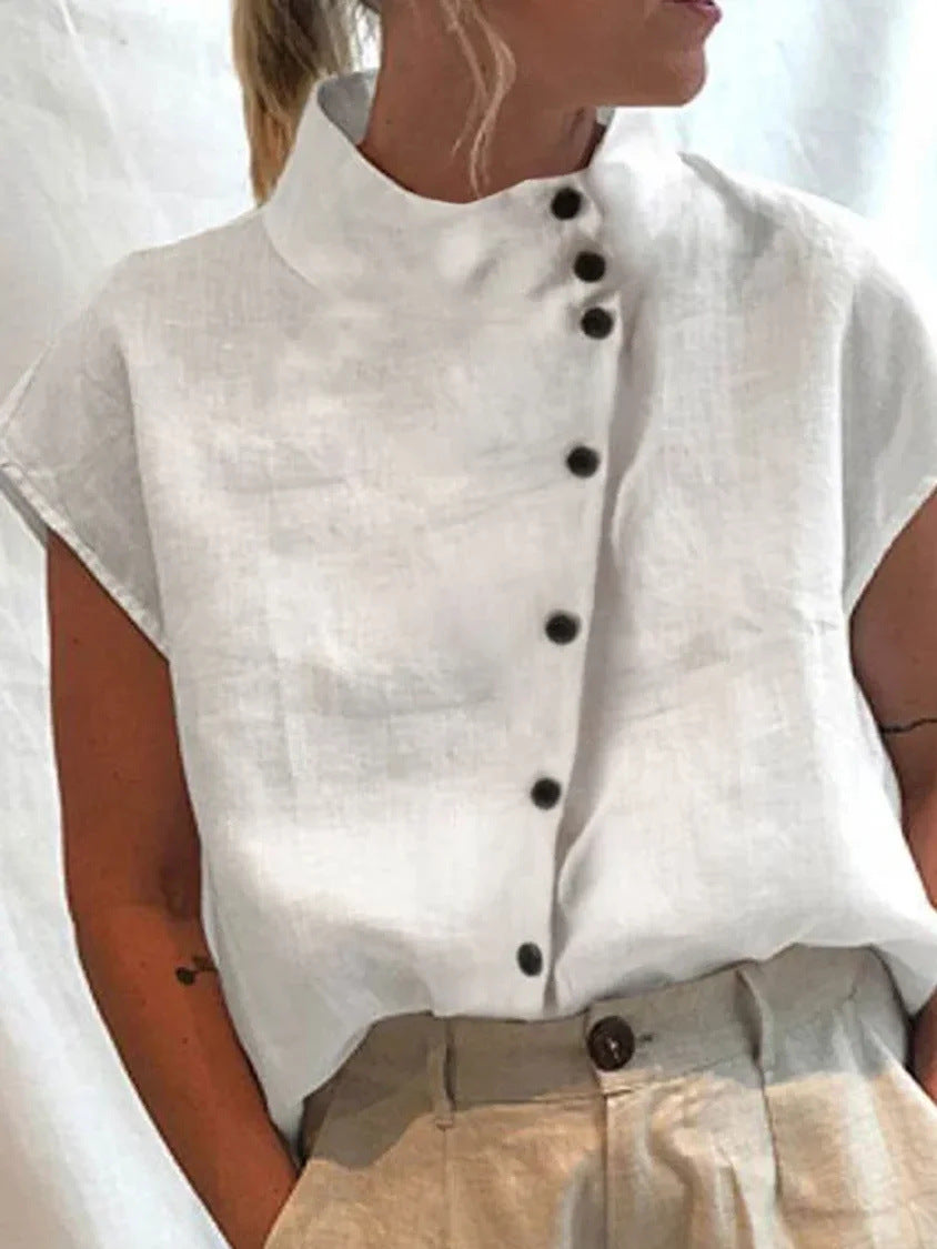 Chemise décontractée en coton et lin pour femme, col montant, coupe ample
