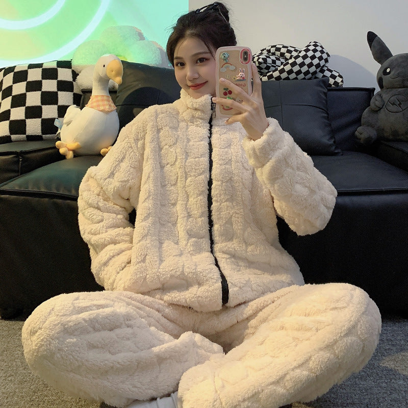 Women's Winter Woolen Flannel Pajamas with Cardigan and Stand Collar
