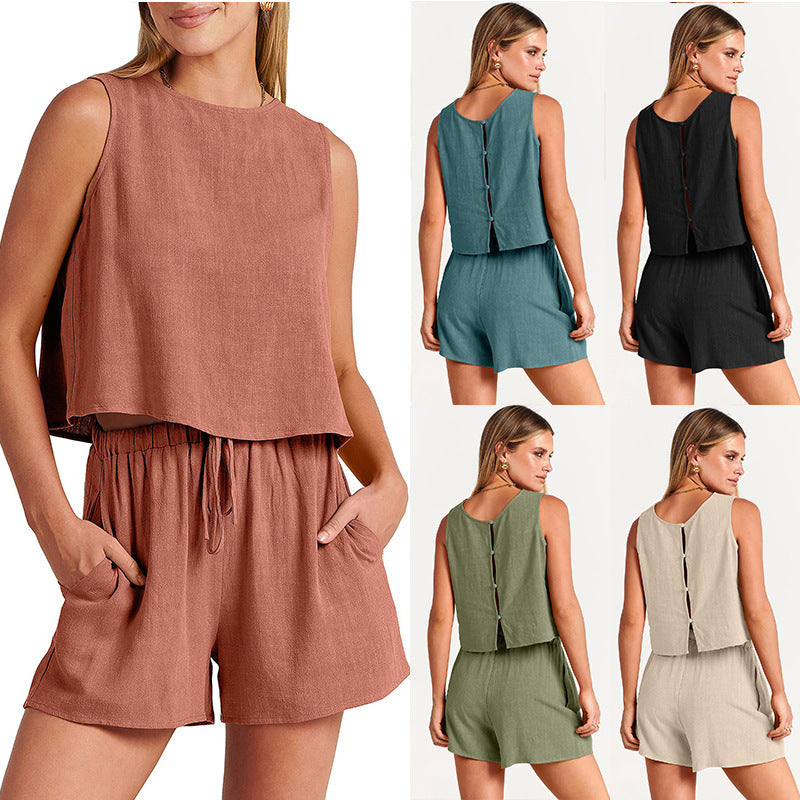 Women's Summer Sleeveless Top & Drawstring Shorts Set 2pcs