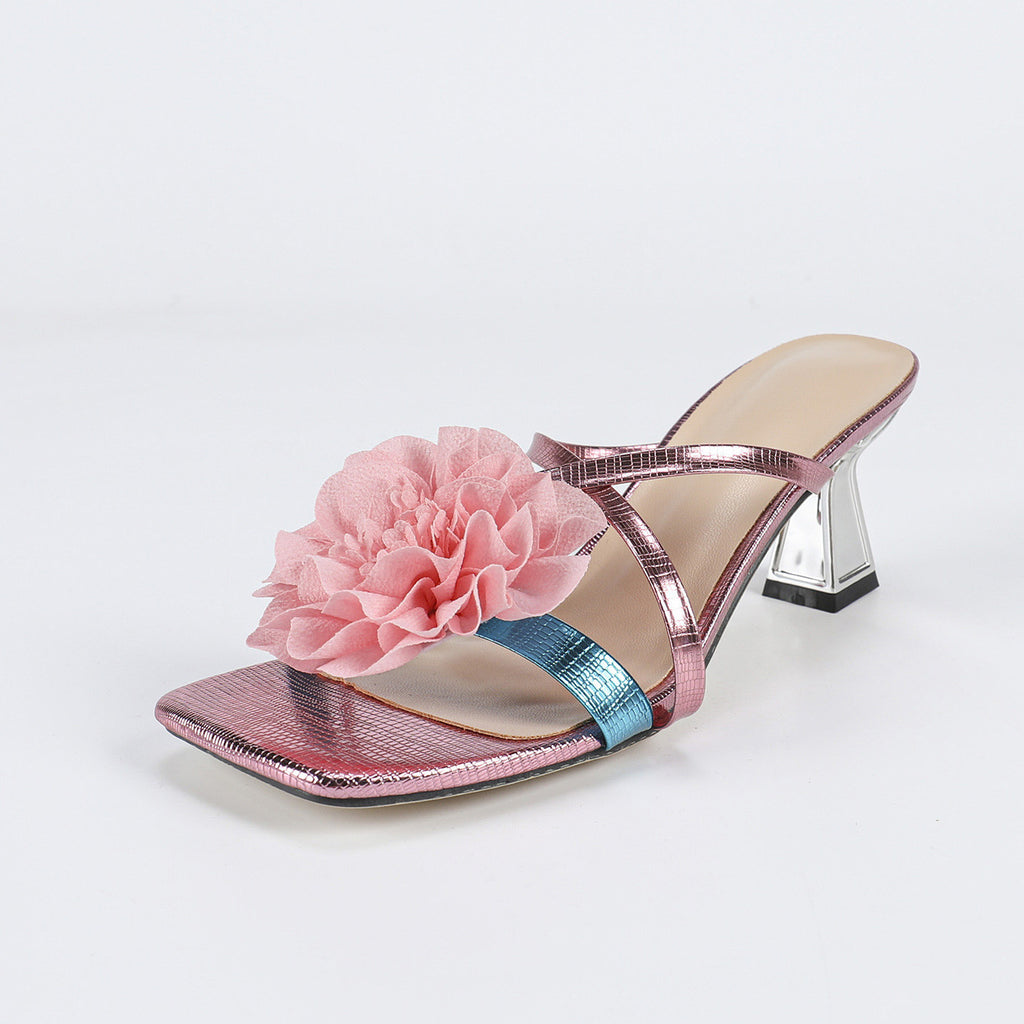 Women's Pink Square Toe High Heel Sandals with 3D Flower
