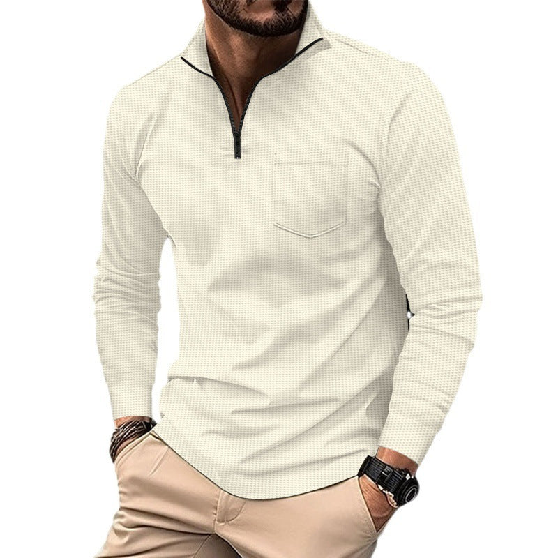 Men's Long Sleeve Waffle Sports Polo Shirt with Zipper Pocket