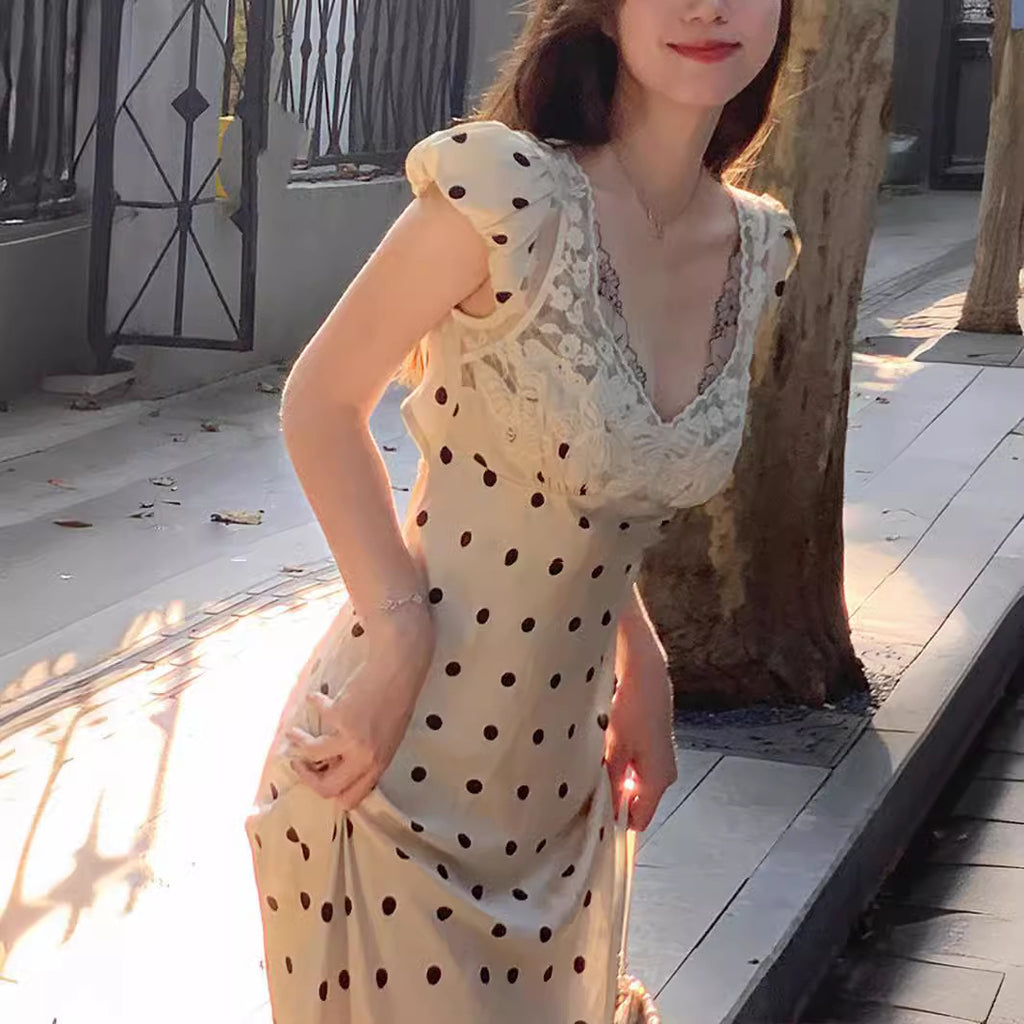 Women's Lace V-Neck High Waist Polka Dot Dress S-XL