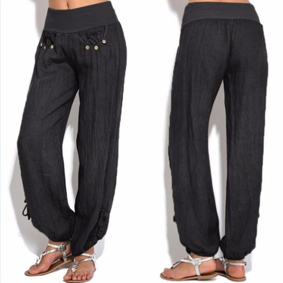 Loose Button Wide-Leg Casual Trousers for Women