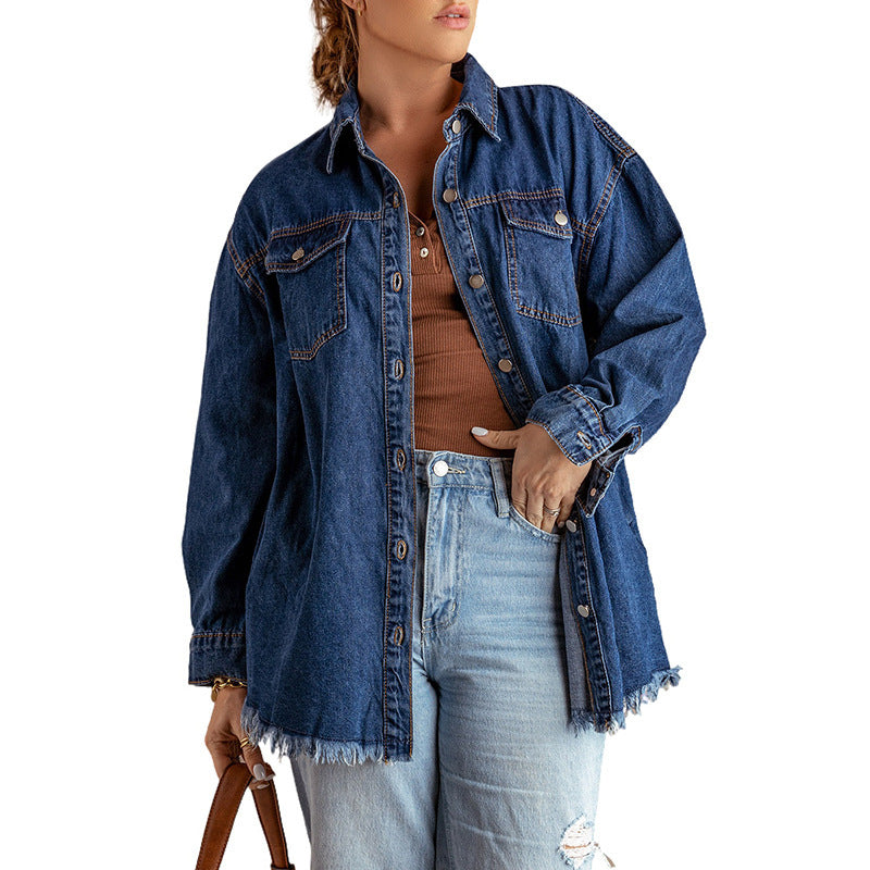 Haut en jean mi-long à manches longues, simple boutonnage et col à revers de couleur unie pour femme