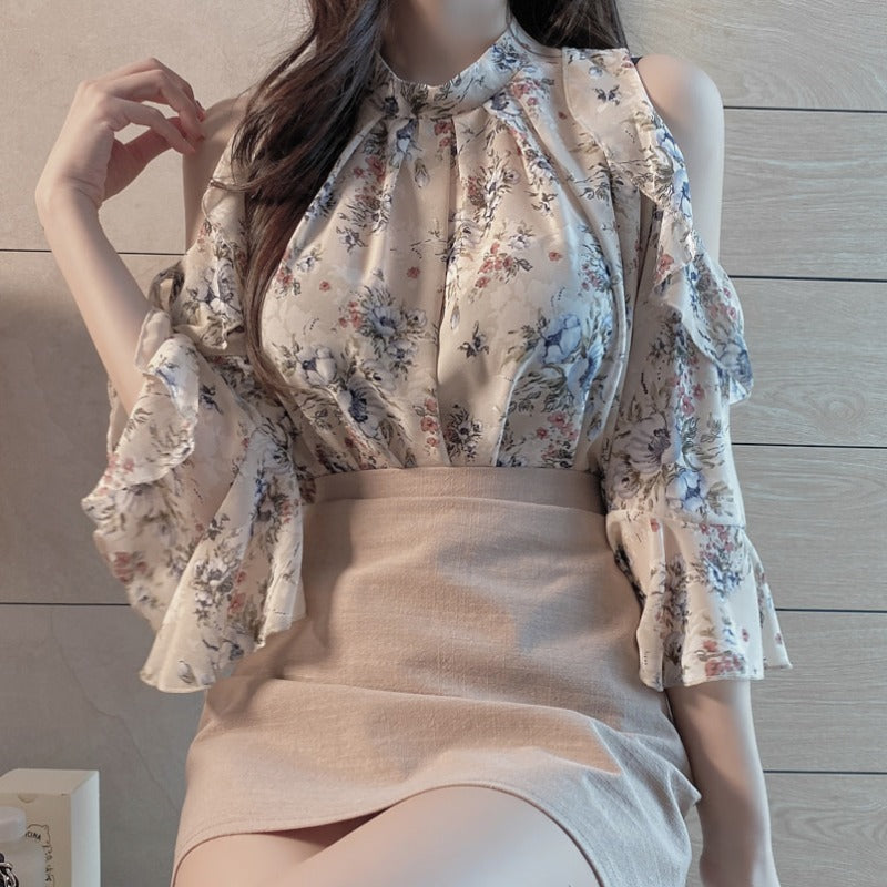 Women's One-Shoulder Western Style Chiffon Top Slim Fit V-Neck Blue Beige S-XL