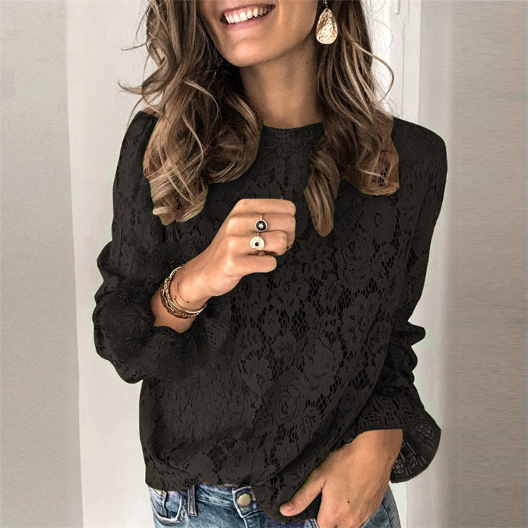 Womens Hollow Lace Long Sleeve Shirt