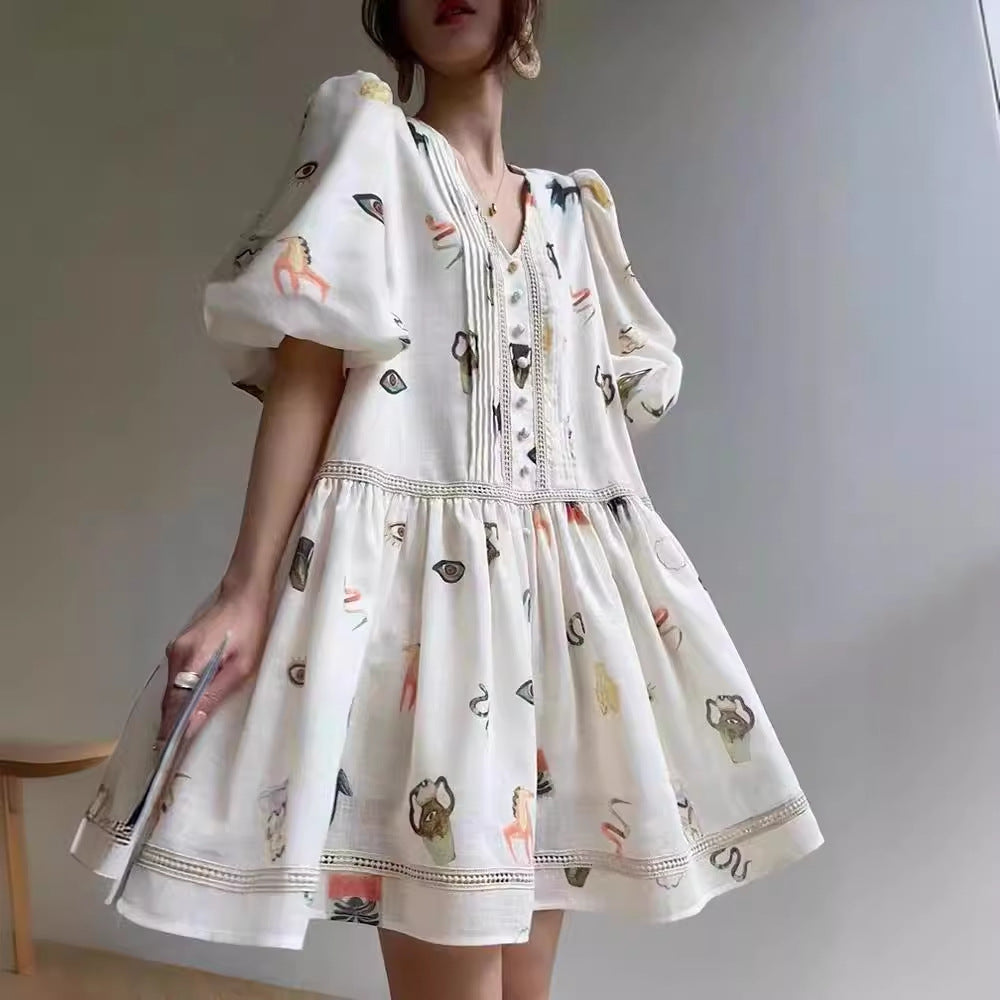 Robe Femme en Dentelle Rétro à Manches Bouffantes et Col en V