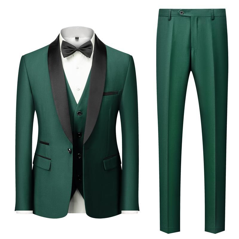 Men's Three-Piece Slim Fit Suit Set Green Collar for Wedding Performance and Formal Events