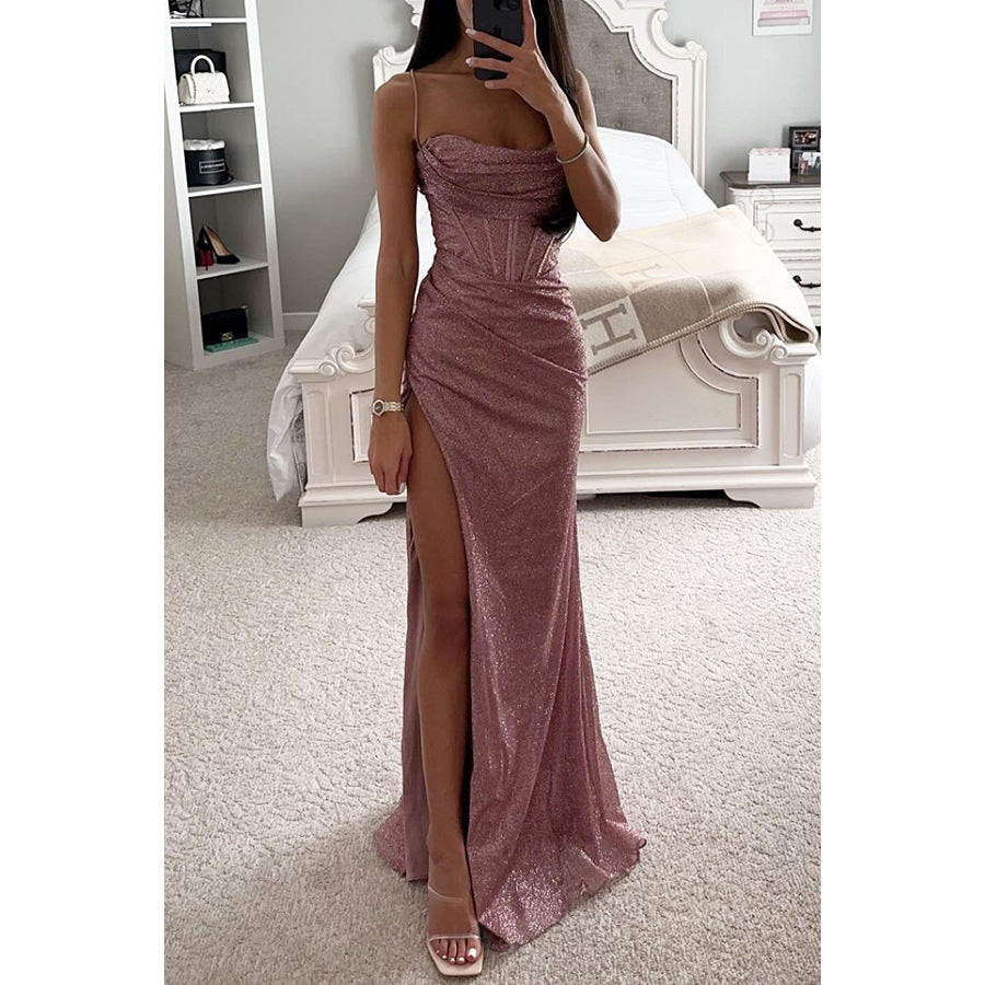 Robe longue d'été sexy à col en V fendue avec bretelles pour femmes